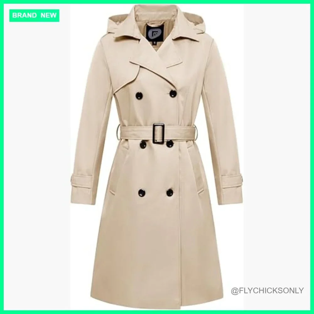 Waterproof Long Trench Coat Double Breasted Windbreaker with Detachable Hood - Picture 1 of 6